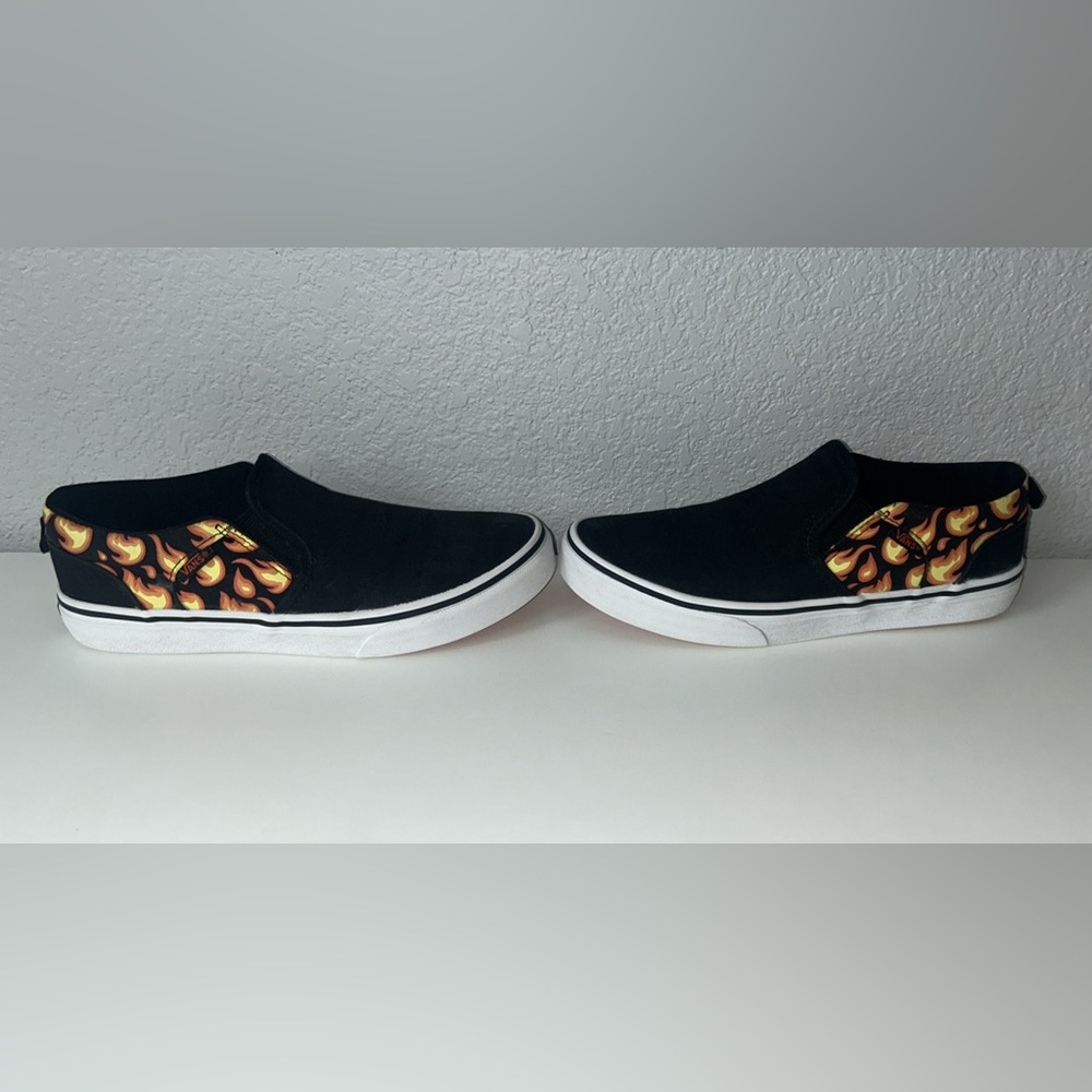 Youth size 5 black and flame slip on vans
